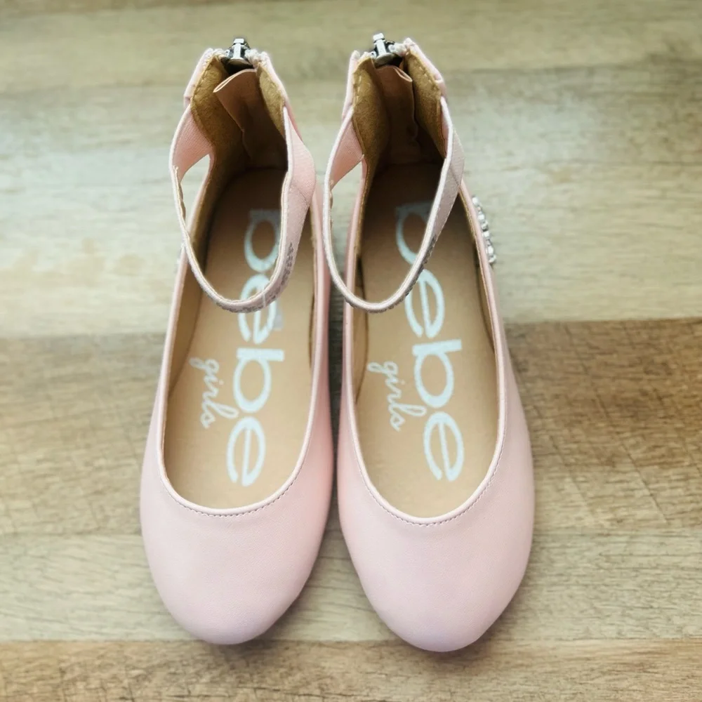 Bebe Girls Pink Shoes Ballet Flats with Rhinestone Studded Ankle straps,Size 10